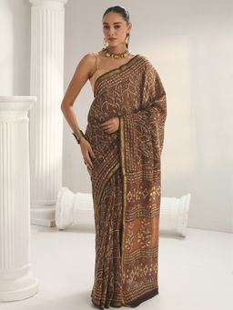 Libas - Brown Floral Printed Saree with Unstitched Blouse