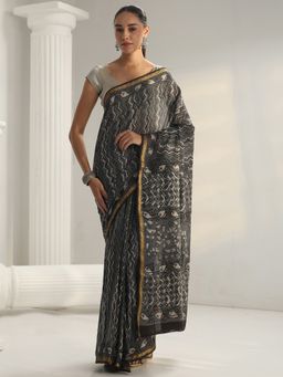 Libas - Grey Floral Printed Saree with Unstitched Blouse