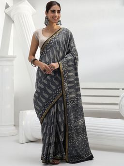 Libas - Grey paisley printed Saree with Unstitched Blouse