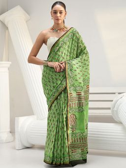 Libas - Green Floral Printed Saree with Unstitched Blouse