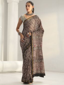 Libas - Grey Floral Printed Saree with Unstitched Blouse