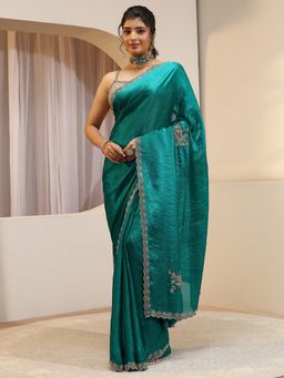 Libas - Teal Embellished/Sequined Saree with Unstitched Blouse