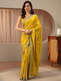 Libas - Mustard embroidered sequined Saree with Unstitched Blouse