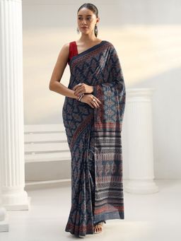 Libas - Blue motif printed Saree with Unstitched Blouse