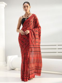 Libas - Rust paisley printed saree with unstitched blosue