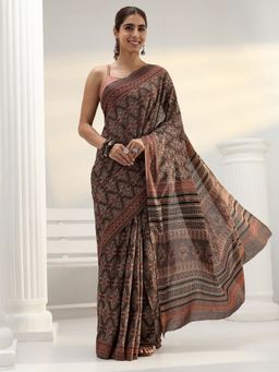 Libas - Brown motif printed Saree with Unstitched Blouse