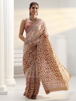 Libas - Beige Floral Printed Saree with Unstitched Blouse