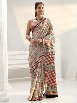 Libas - Beige motif printed Saree with Unstitched Blouse