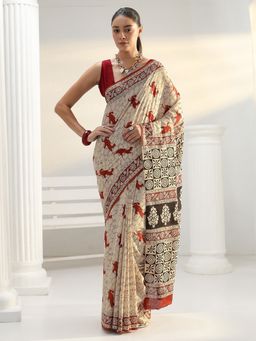 Libas - Beige abstract printed Saree with Unstitched Blouse