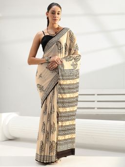 Libas - Beige paisley printed Saree with Unstitched Blouse