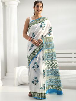 Libas - White Floral Printed Saree with Unstitched Blouse