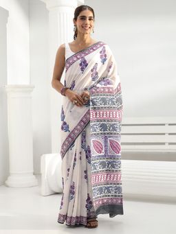 Libas - White Floral Printed Saree with Unstitched Blouse