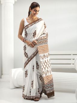 Libas - White Floral Printed Saree with Unstitched Blouse