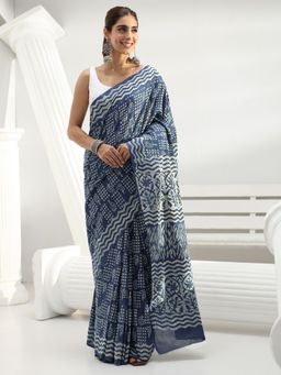 Libas - Blue printed Saree with Unstitched Blouse