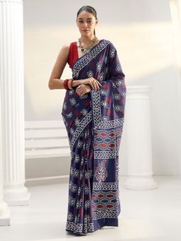 Libas - Blue Floral Printed Saree with Unstitched Blouse