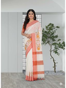 Kalakriti By Rachna - Slub Cotton Flower Motif Saree with Unstitched Blouse