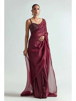 Greti By Swati Narula - Deep Maroon Stone & Crystal Work Saree with Stitched Blouse