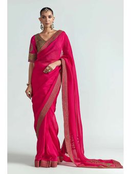 Greti By Swati Narula - Rani Pink Gota and Metal Sequin Pre Drape Saree with Stitched Blouse
