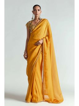 Greti By Swati Narula - Raw Silk Chevron Dabka & Pearl Pre Drape Saree with Stitched Blouse