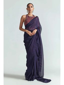 Greti By Swati Narula - Zero Neck Cross-Back Kundan Work Pre Drape Saree with Stitched Blouse