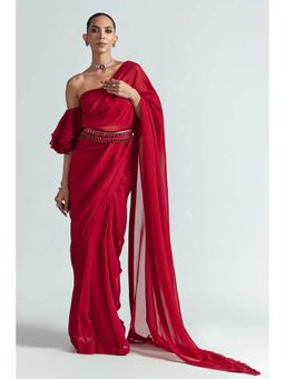 Greti By Swati Narula - Deep Red Organza Quilted Saree with Blouse & Crystal Belt
