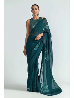 Greti By Swati Narula - Sequin Embroidered Floral Applique Pre Drape Saree with Stitched Blouse