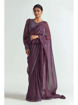 Greti By Swati Narula - Purple One-Shoulder Mirror Work Pre Drape Saree with Stitched Blouse
