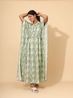 YELLOW BLOOM - Green Printed Comfortable Kaftan Night Dress