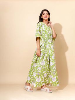 YELLOW BLOOM - Green Floral Comfortable Kaftan Night Dress