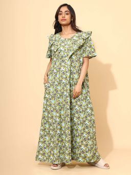 YELLOW BLOOM - Green Floral Comfortable Nighty