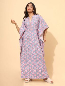 YELLOW BLOOM - Blue Floral Comfortable Kaftan Night Dress