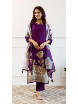 Autumnlane - Purple Round Neck Three Fourth Sleeves Kurta and Pant and Dupatta (Set of 3)