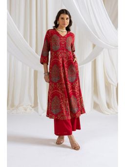 Autumnlane - Red V-Neck Three Fourth Sleeves Kurta and Palazzo (Set of 2)