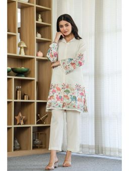 Autumnlane - White Collar Neck Full Sleeves Tunic and Pant Co-Ord Set