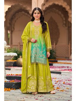 Autumnlane - Green Round Neck Three Fourth Sleeves Kurta and Palazzo and Dupatta (Set of 3)