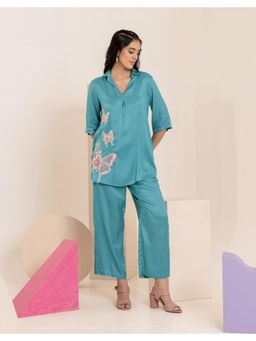 Autumnlane - Teal Collar Neck Three Fourth Sleeves Tunic and Pant Co-Ord Set