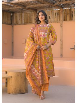 Autumnlane - Yellow Round Neck Three Fourth Sleeves Kurta and Pant and Dupatta (Set of 3)