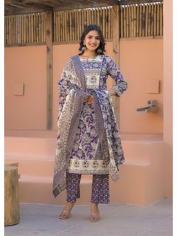 Autumnlane - Navy Blue Round Neck Three Fourth Sleeves Kurta and Pant and Dupatta (Set of 3)