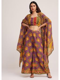 KALKI FASHION - Purple Shoulder Straps Sleeveless Crop Top and Palazzo and Cape (Set of 3)