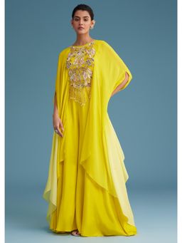 KALKI FASHION - Yellow Boat Neck Cape Crop Top and Palazzo (Set of 2)
