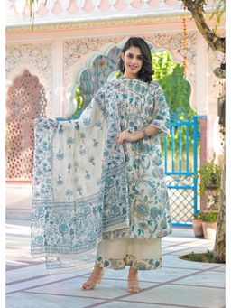 Autumnlane - Blue Mandarin Neck Three Fourth Sleeves Kurta and Palazzo and Dupatta (Set of 3)