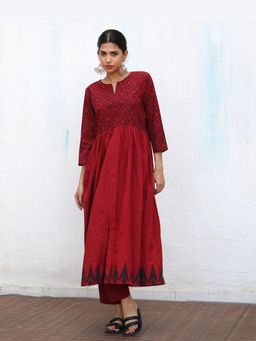Chidiyaa - Red Pure Cotton Hand Block Kurta with Pant
