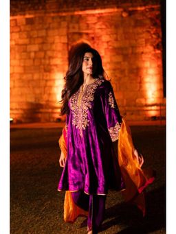 Sheetal Batra - Eira - Silk Velvet Deep Purple A-Line Kurta With Dhoti And Heavy Dupatta