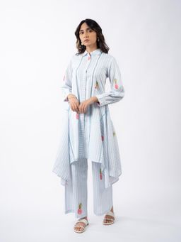 HOUSE OF SHRUSHA - Firozi Stripe Flayered Aqua Kurta With Pant Co Ord