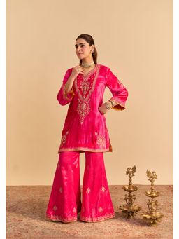 Sheetal Batra - Nooren - Silk Velvet Rani Hot pink Kurta With Flared Palazzo And Dupatta