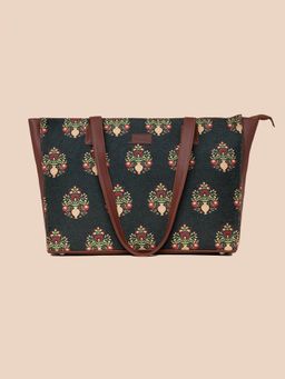 Zouk - Women Green Color Printed Jute Structured Tote Bag