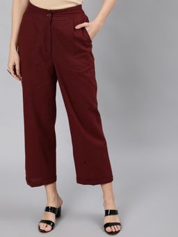 Jaipur Kurti - Women Burgundy Cotton Slub Straight High Rise Bottom Fold Pants