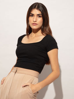 Twenty Dresses by Nykaa Fashion - Basics Black Ribbed Casual Crop Tshirt
