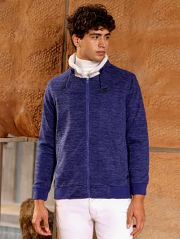 Campus Sutra - Men's Indigo Blue Contrast Sherpa-Lined Heathered Bomber Jacket