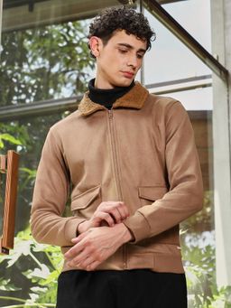 Campus Sutra - Men's Tan Brown Zip-Front Sherpa-Lined Suede Jacket